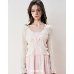 Kroche Lace Edge Patchwork Knitted Cardigan Beige