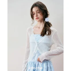 Kroche Lace Edge Patchwork Knitted Cardigan White
