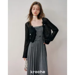 Kroche Lace Edge Patchwork Knitted Cardigan Black