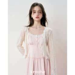 Kroche Lace Edge Patchwork Knitted Cardigan Beige