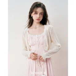 Kroche Lace Edge Patchwork Knitted Cardigan Beige