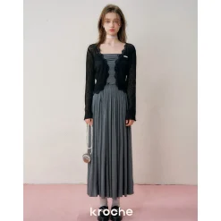 Kroche Lace Edge Patchwork Knitted Cardigan Black