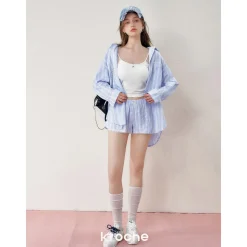 Kroche Lace Edge Patchwork Plaid Shorts Blue