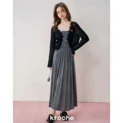 Kroche Lace Edge Patchwork Knitted Cardigan Black