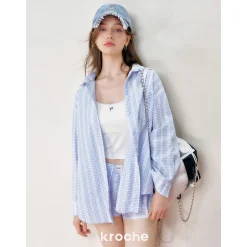 Kroche Lace Edge Patchwork Plaid Shorts Blue