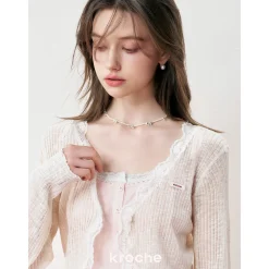 Kroche Lace Edge Patchwork Knitted Cardigan Beige
