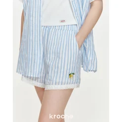 Kroche Lace Edge Striped Embroidery Shorts Blue