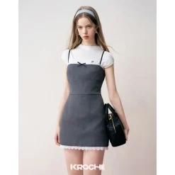 Kroche Lace Paneled Bow Fitted Halter Dress