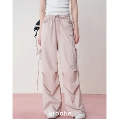 Kroche Lace Patchwork Bow Lace Up Cargo Pants Pink