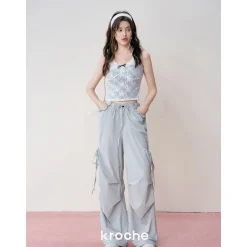Kroche Lace Patchwork Bow Lace Up Cargo Pants Blue