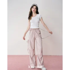 Kroche Lace Patchwork Bow Lace Up Cargo Pants Pink