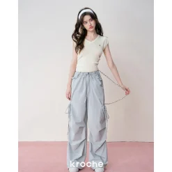 Kroche Lace Patchwork Bow Lace Up Cargo Pants Blue