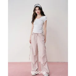 Kroche Lace Patchwork Bow Lace Up Cargo Pants Pink