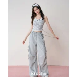 Kroche Lace Patchwork Bow Lace Up Cargo Pants Blue