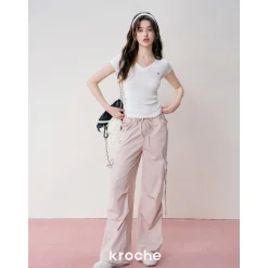 Kroche Lace Patchwork Bow Lace Up Cargo Pants Pink
