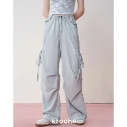 Kroche Lace Patchwork Bow Lace Up Cargo Pants Blue