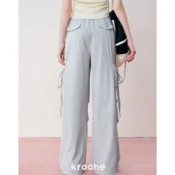 Kroche Lace Patchwork Bow Lace Up Cargo Pants Blue