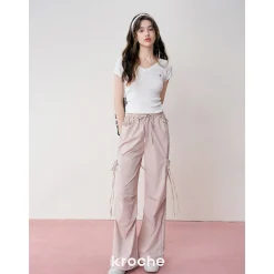 Kroche Lace Patchwork Bow Lace Up Cargo Pants Pink