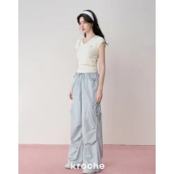 Kroche Lace Patchwork Bow Lace Up Cargo Pants Blue
