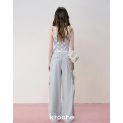 Kroche Lace Patchwork Bow Lace Up Cargo Pants Blue