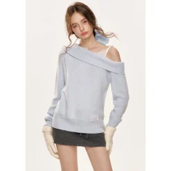 Kroche Lace Patchwork Diagonal Shoulder Woolen Sweater