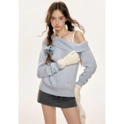 Kroche Lace Patchwork Diagonal Shoulder Woolen Sweater
