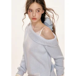 Kroche Lace Patchwork Diagonal Shoulder Woolen Sweater