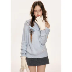Kroche Lace Patchwork Diagonal Shoulder Woolen Sweater