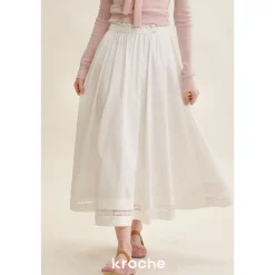 Kroche Lace Patchwork High Waist A-Line Long Skirt White