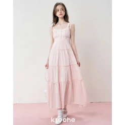Kroche Lace Up Waisting Halter Dress Pink