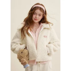 Kroche Lapel Double Zipper Woolen Fleece Jacket White