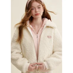 Kroche Lapel Double Zipper Woolen Fleece Jacket White