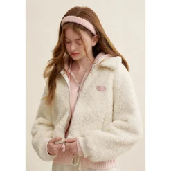 Kroche Lapel Double Zipper Woolen Fleece Jacket White
