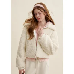 Kroche Lapel Double Zipper Woolen Fleece Jacket White