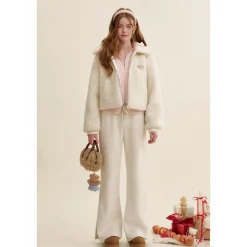 Kroche Lapel Double Zipper Woolen Fleece Jacket White