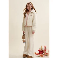 Kroche Lapel Double Zipper Woolen Fleece Jacket White