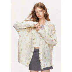Kroche Mohair Floral Knitted V-Neck Woolen Cardigan