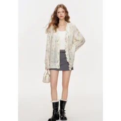 Kroche Mohair Floral Knitted V-Neck Woolen Cardigan