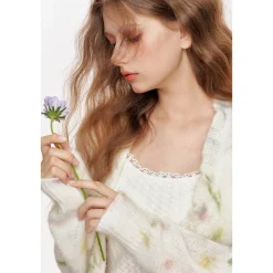 Kroche Mohair Floral Knitted V-Neck Woolen Cardigan