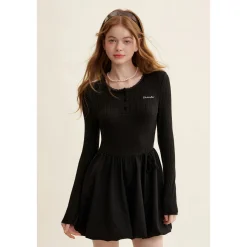 Kroche Patchwork Embroidery Waisted Bud Dress Black