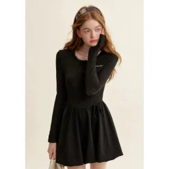 Kroche Patchwork Embroidery Waisted Bud Dress Black