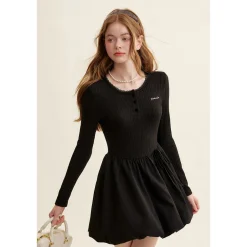 Kroche Patchwork Embroidery Waisted Bud Dress Black