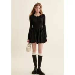 Kroche Patchwork Embroidery Waisted Bud Dress Black
