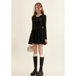 Kroche Patchwork Embroidery Waisted Bud Dress Black