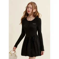 Kroche Patchwork Embroidery Waisted Bud Dress Black