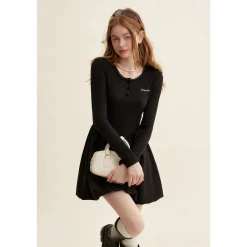 Kroche Patchwork Embroidery Waisted Bud Dress Black