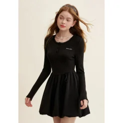 Kroche Patchwork Embroidery Waisted Bud Dress Black