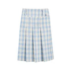 Kroche Plaid Pleated High-Waisted Long Skirt Blue