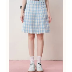 Kroche Plaid Pleated High-Waisted Long Skirt Blue