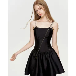 Kroche Rhinestone Drill Bow Waisted Slip Dress Black